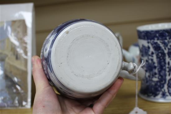 Three Chinese blue and white mugs, Qianlong period and a Chinese Imari teapot and cover, early 18th century tallest 15cm